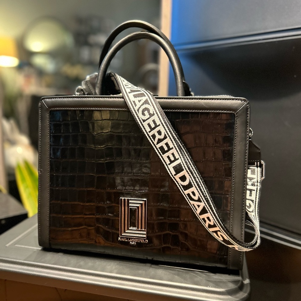 Karl Lagerfeld Simone Real Cow and Crocodile Leather Top Handle Satchel Bag $348